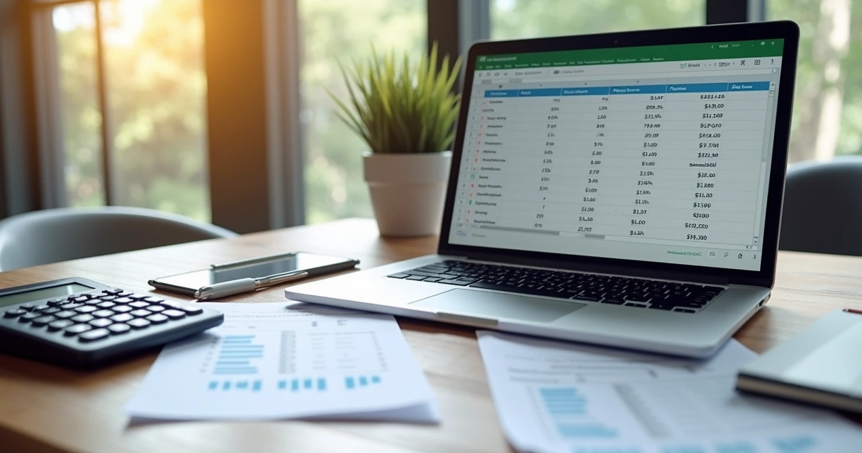 Mesa de trabalho com calculadora, documentos e planilha de folha de pagamento detalhada