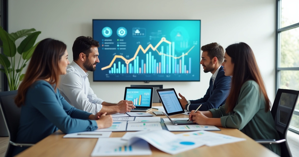 Equipe contábil analisando gráficos financeiros em escritório moderno com cliente