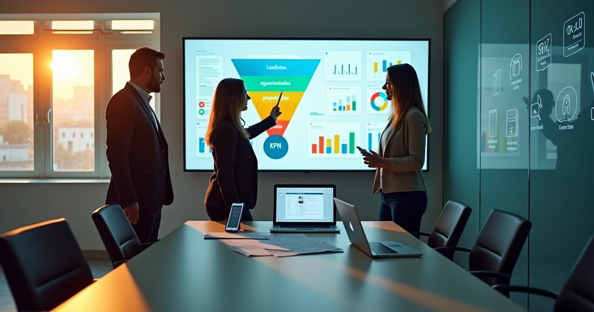 Equipe contábil analisando funil de vendas digital em grande tela