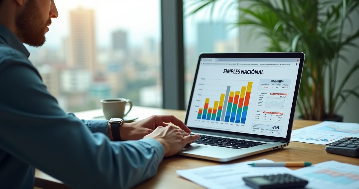 Empresário observa tela com gráficos de impostos e Simples Nacional em destaque