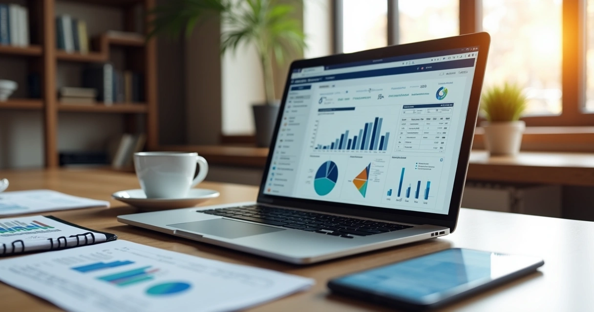 Mesa de escritório moderno com laptop aberto mostrando sistemas de contabilidade digital, gráficos e documentos organizados ao redor