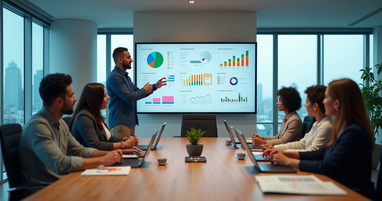 Reunião de equipe contábil em escritório moderno com líder apresentando metas em tela digital