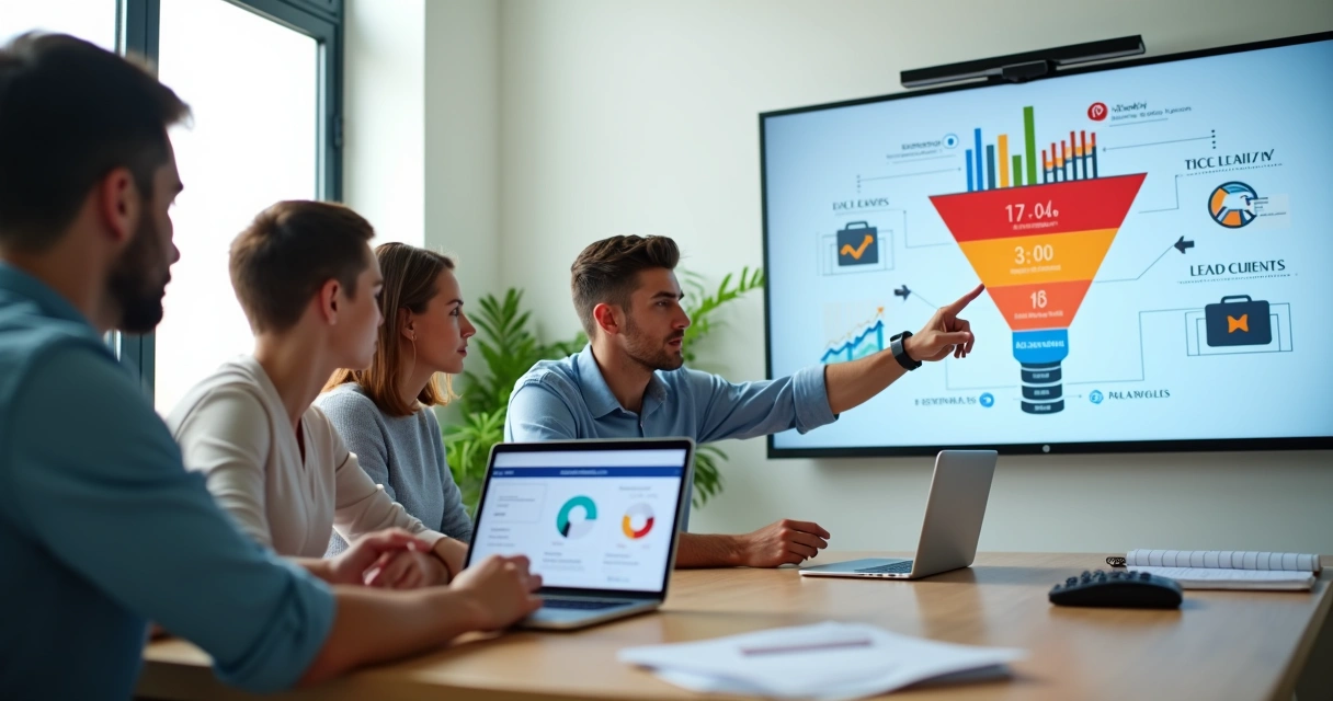 Equipe contábil analisa gráficos digitais em escritório moderno