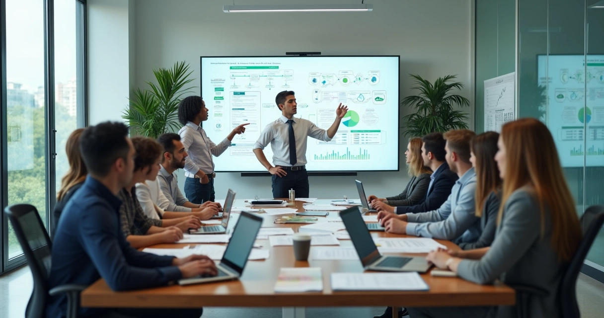 Equipe contábil organizando rotina e processos em painel com fluxos e gráficos