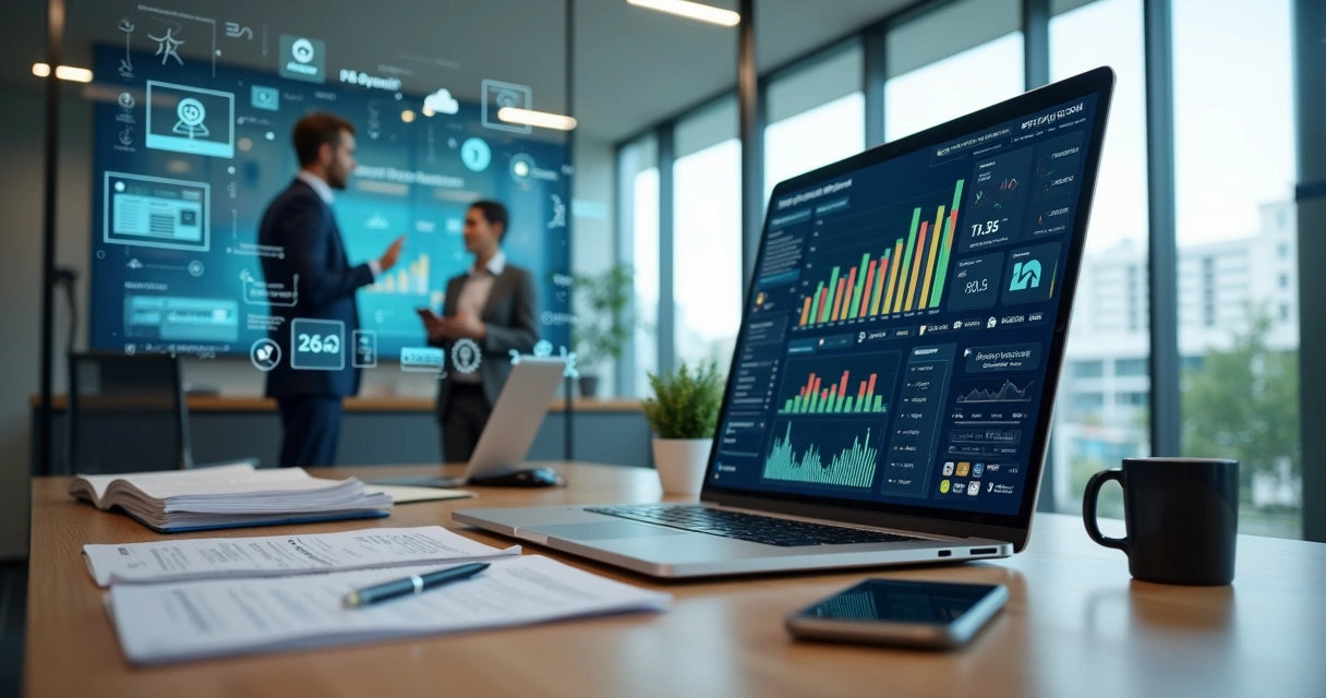 Mesa de escritório contábil com dashboards financeiros digitais e ícones de tecnologia e IA em destaque